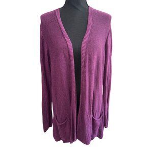 J. Jill Linen Purple Plum Burgundy Open Front Long Cardigan Sweater Lightweight